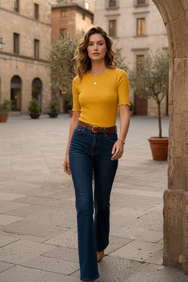 Mustard Yellow Ribbed Short Sleeve Lettuce Edge Top