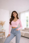 Women V-Neck Crop Top Full Sleeves Slim Fit