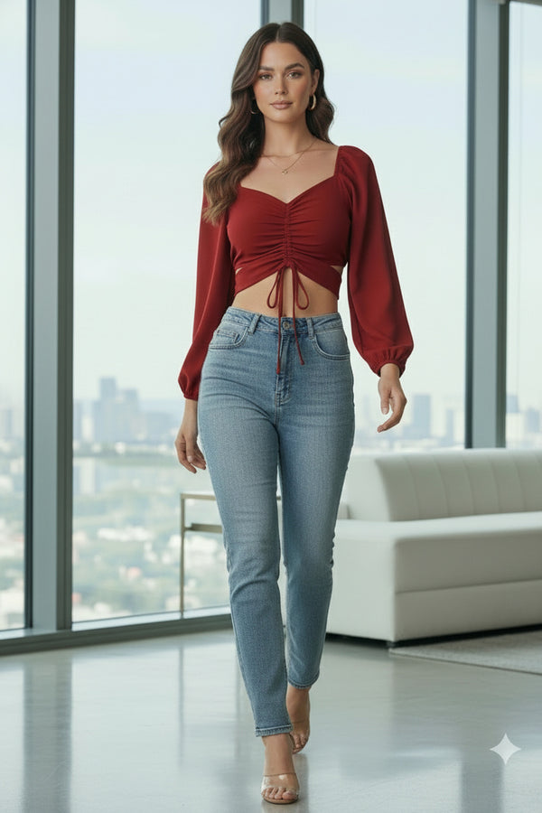 Red Sweetheart Ruched Front Tie-Up Crop Top - GARMENT2FASHION