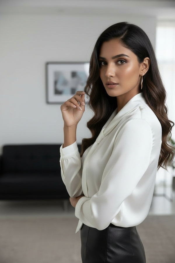 Women White Tie-Neck Satin Shirt – Elegant Long Sleeve Formal Blouse