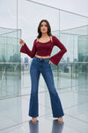 Wine Red Ruched Crop Top with Flared Sleeves