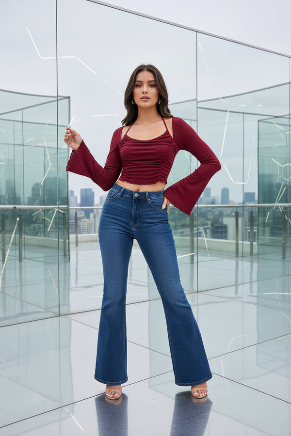 Wine Red Ruched Crop Top with Flared Sleeves