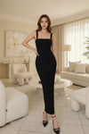 Elegant Black Bodycon Midi Dress – Square Neck Slim Fit Party Dress