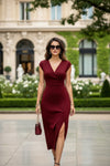 Wine Red V-Neck Body-Fit Midi Dress for Women - GARMENT2FASHION
