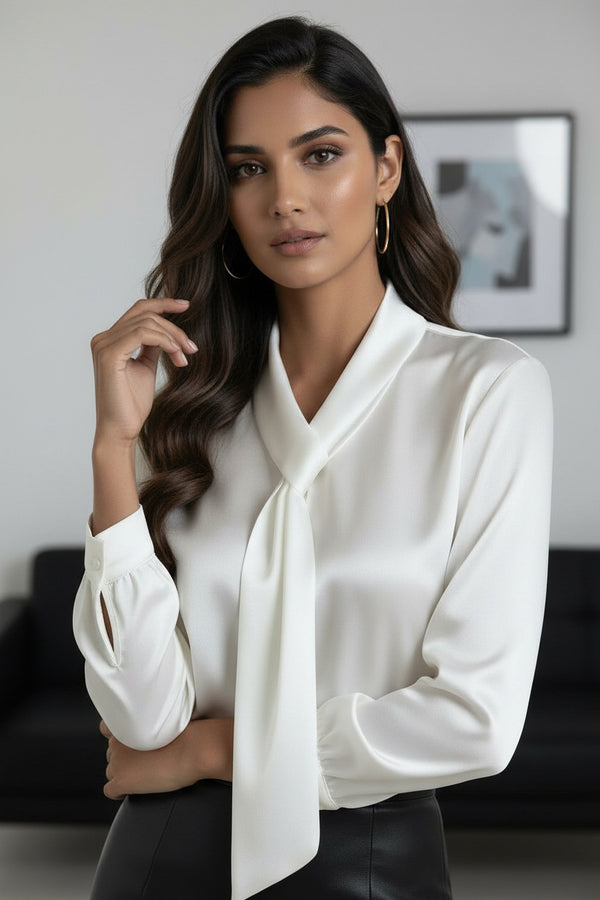 Women White Tie-Neck Satin Shirt – Elegant Long Sleeve Formal Blouse