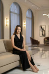 Black Halter Neck Maxi Dress with Thigh Slit – Elegant Evening Party Wear