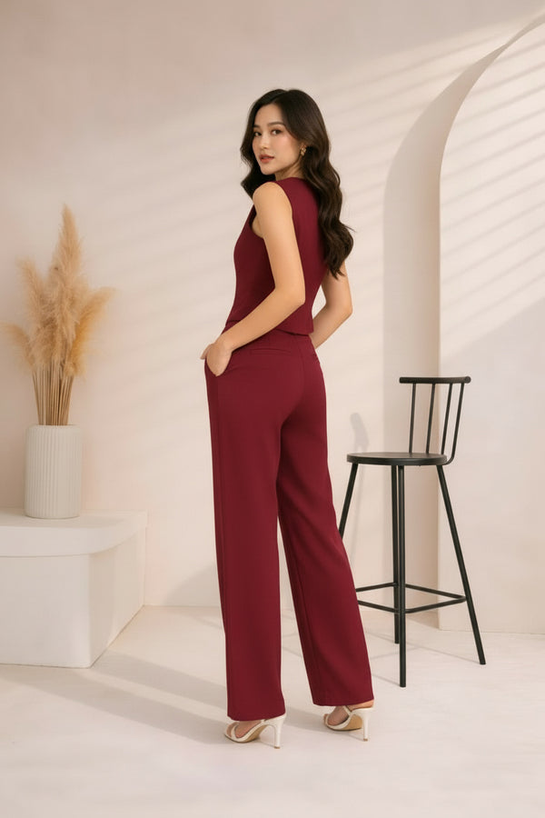 Maroon Tailored Vest and Straight-Leg Trouser Co-ord Set