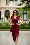 Wine Red V-Neck Body-Fit Midi Dress for Women - GARMENT2FASHION