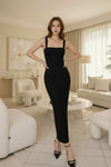 Elegant Black Bodycon Midi Dress – Square Neck Slim Fit Party Dress