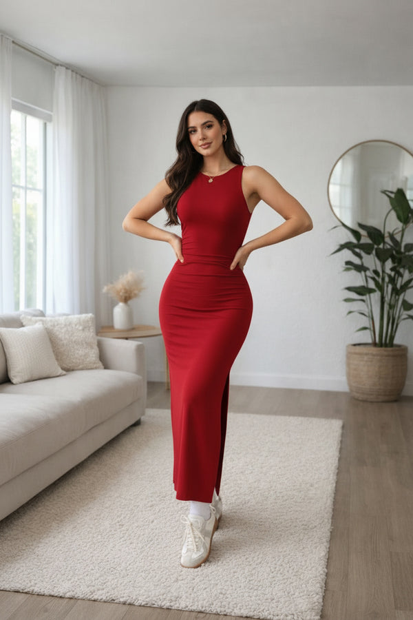 Red Sleeveless Bodycon Slit Maxi Dress for Women
