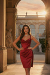 Glossy Satin Cowl Neck Ruched Red Mini Dress with Side Slit