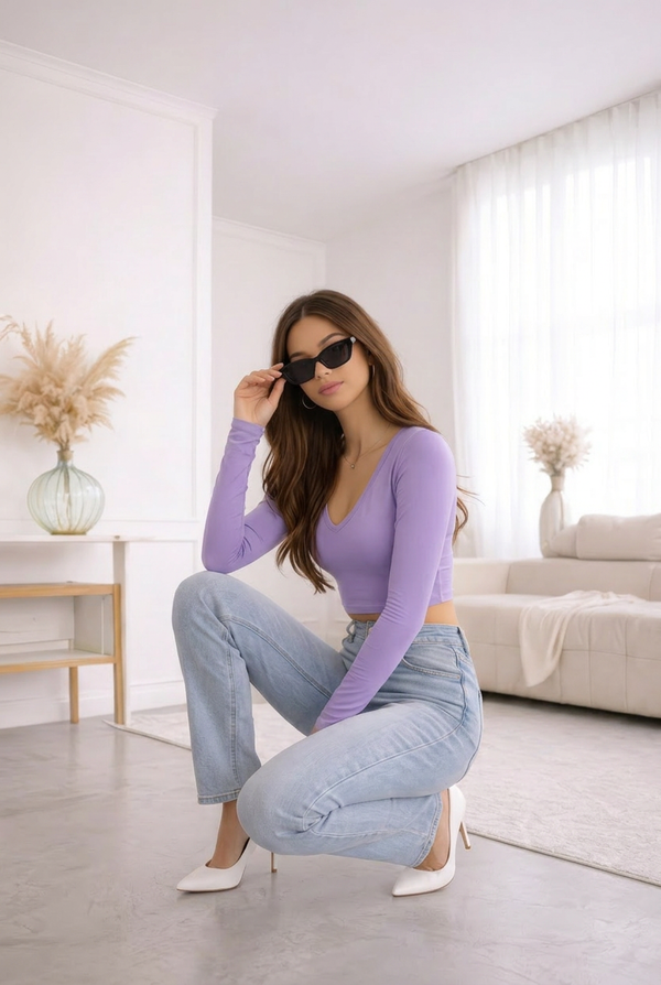 Women V-Neck Crop Top Full Sleeves Slim Fit