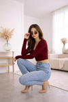 Maroon V-Neck Full Sleeve Crop Top – Slim Fit Stretch Casual Top