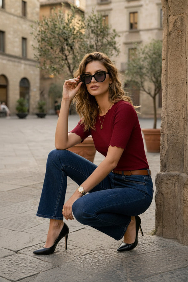 Maroon Scalloped Lettuce Trim Ribbed Knit Top
