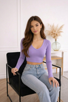 Lavender V-Neck Full Sleeve Crop Top – Slim Fit Stretch Casual Top