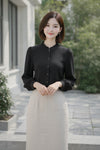 Black Ruffle Neck Button-Down Shirt for Women | Full Sleeve Solid Shirt