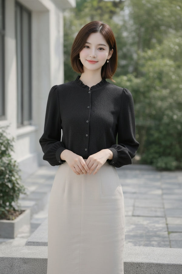 Black Ruffle Neck Button-Down Shirt for Women | Full Sleeve Solid Shirt