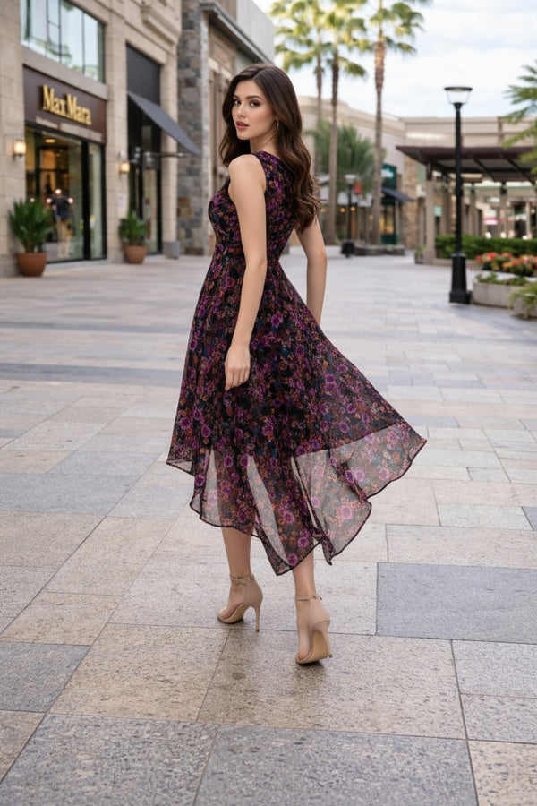 Black Floral High-Low Midi Dress with Sleeveless Fit & Sheer Overlay