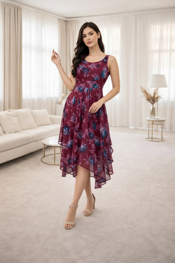 Wine Floral High-Low Midi Dress with Sleeveless Fit & Flowy Hem