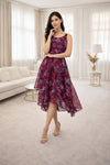 Wine Floral High-Low Midi Dress with Sleeveless Fit & Flowy Hem