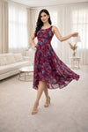 Wine Floral High-Low Midi Dress with Sleeveless Fit & Flowy Hem