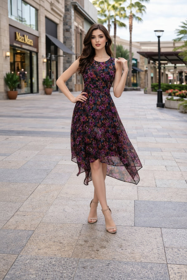 Black Floral High-Low Midi Dress with Sleeveless Fit & Sheer Overlay