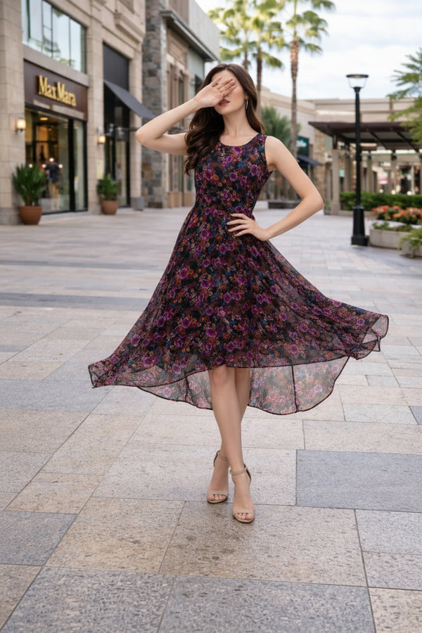 Black Floral High-Low Midi Dress with Sleeveless Fit & Sheer Overlay