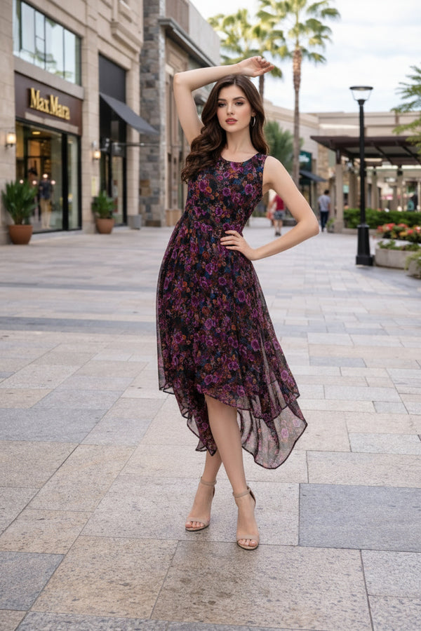 Black Floral High-Low Midi Dress with Sleeveless Fit & Sheer Overlay