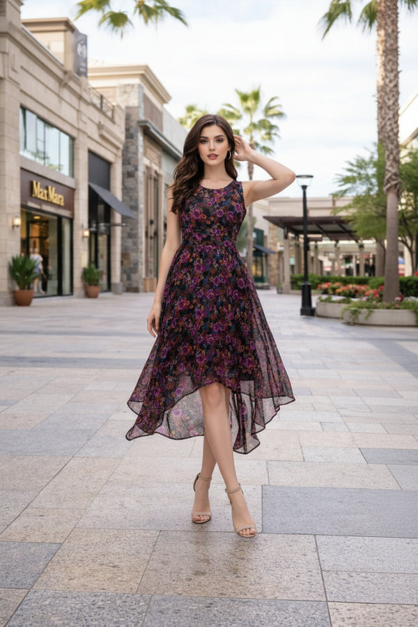 Black Floral High-Low Midi Dress with Sleeveless Fit & Sheer Overlay