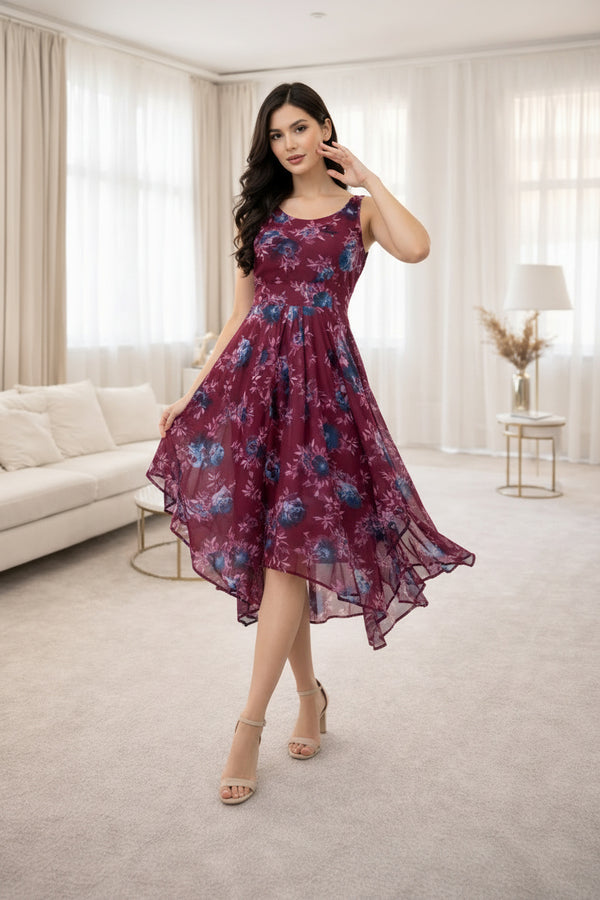 Wine Floral High-Low Midi Dress with Sleeveless Fit & Flowy Hem