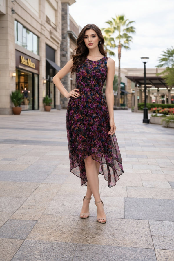 Black Floral High-Low Midi Dress with Sleeveless Fit & Sheer Overlay