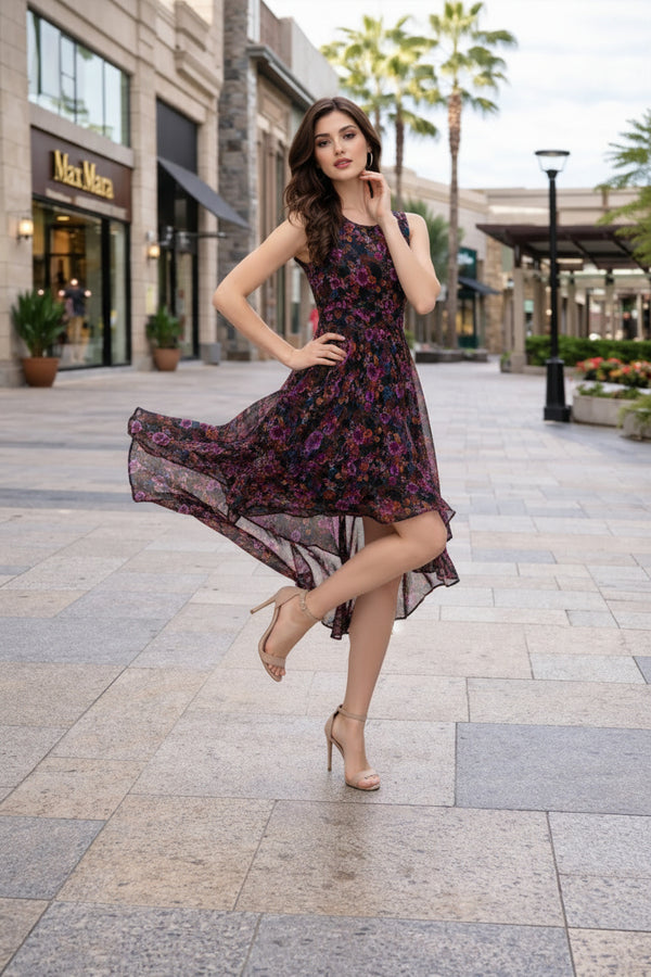 Black Floral High-Low Midi Dress with Sleeveless Fit & Sheer Overlay