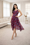 Wine Floral High-Low Midi Dress with Sleeveless Fit & Flowy Hem