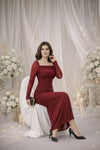 Red Ruched Maxi Dress with Sheer Sleeves | Elegant Evening & Occasion Wear
