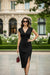 Black Wrap Neck Side Slit Midi Dress for Women