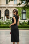 Black Wrap-Style Midi Dress with Side Slit