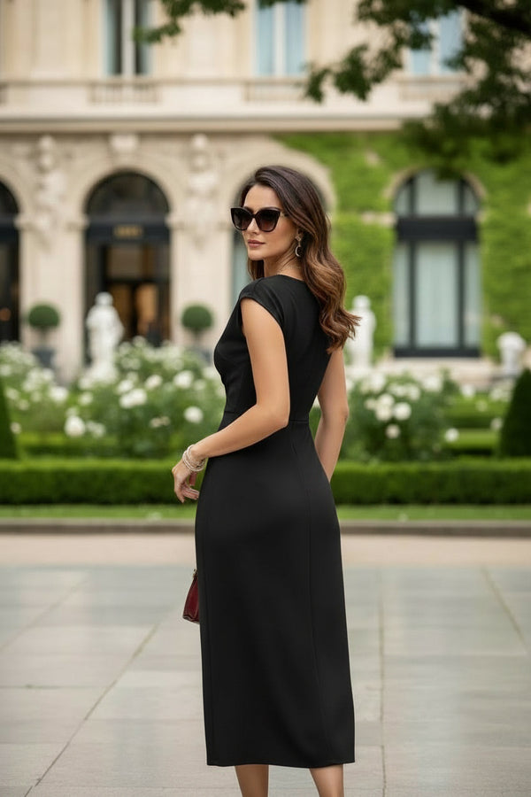 Black Wrap-Style Midi Dress with Side Slit