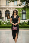 Black Wrap-Style Midi Dress with Side Slit