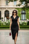 Black Wrap Neck Side Slit Midi Dress for Women