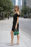 Black Cold-Shoulder Wrap Mini Dress with Tulip Hem