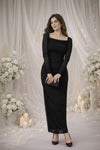 Black Ruched Square Neck Maxi Dress