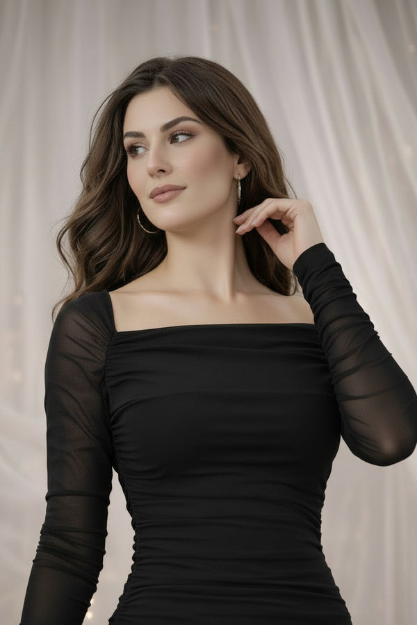 Black Ruched Square Neck Maxi Dress