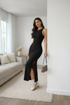 Black Sleeveless Side Slit Bodycon Maxi Dress for Women
