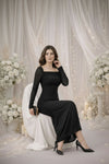 Black Ruched Square Neck Maxi Dress