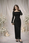 Black Ruched Square Neck Maxi Dress