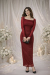 Red Ruched Maxi Dress with Sheer Sleeves | Elegant Evening & Occasion Wear
