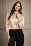 Women’s Golden Satin Shirt – Elegant Button-Down Formal & Office Wear Top