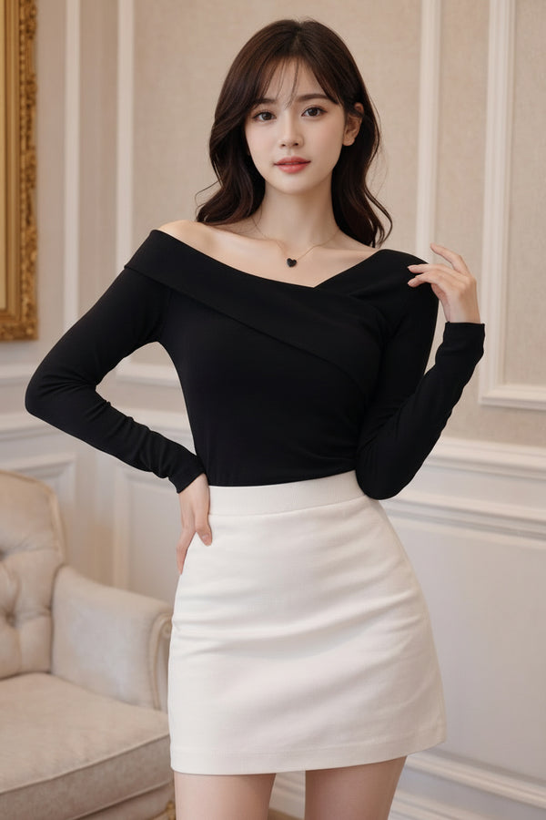 Black Off-Shoulder Long Sleeve Top for Women