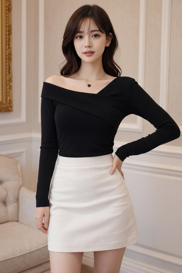 Black Off-Shoulder Long Sleeve Top for Women