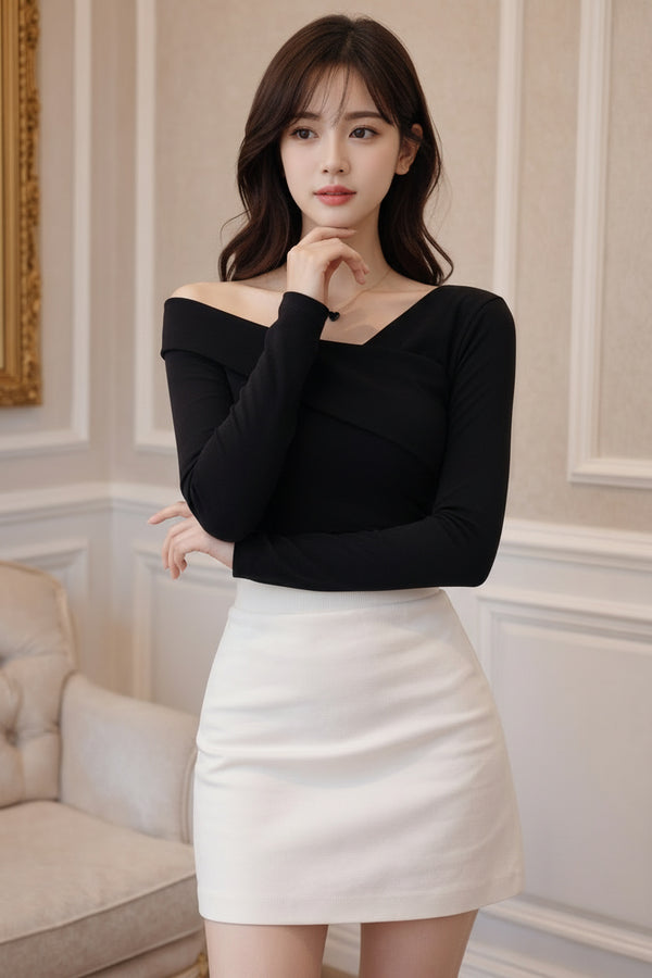 Black Off-Shoulder Long Sleeve Top for Women